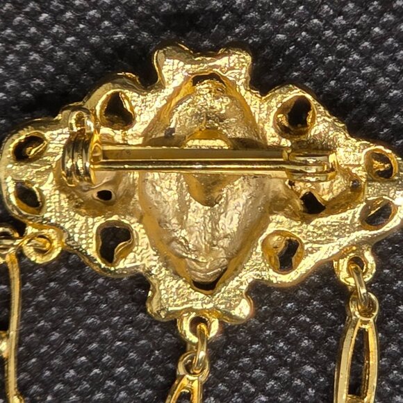 Vintage Gold-Tone Brooch With Opal Center Rhinestones & Faux Pearl Dangling Deta - Picture 4 of 4